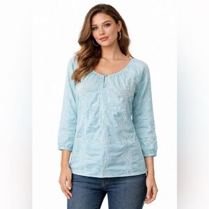 Charter‎ Club Blue Scoop Neck 3/4 Sleeve Cotton Blouse Top Medium Coastal Beachy